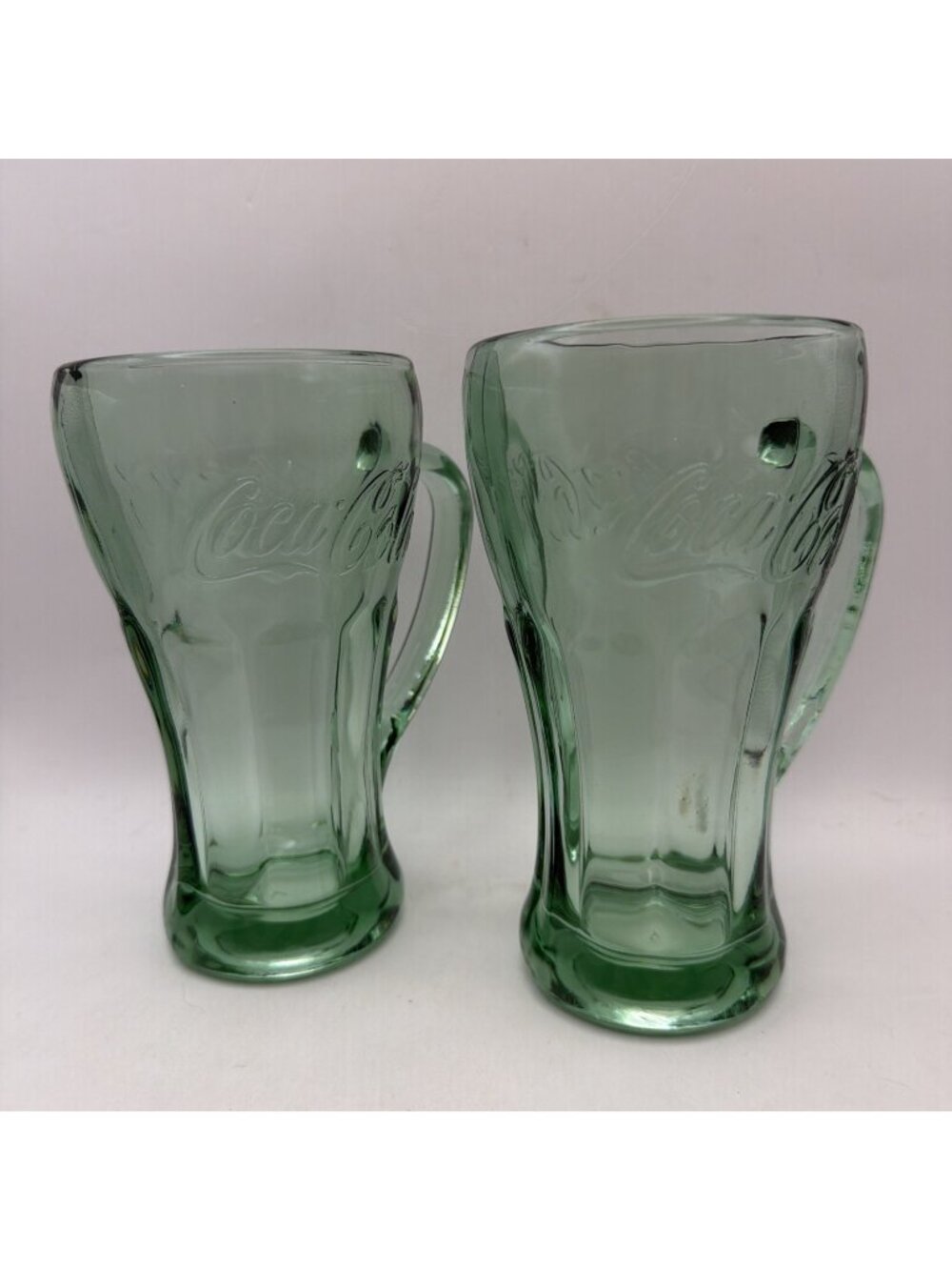 2 Coca-Cola Glasses Green Handle Mug Libbey Heavy 6.25” VTG 12 oz